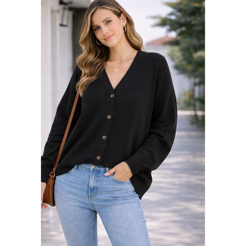 Day & Age Black Button Front Cardigan Sweater M Minimalist Classic Layering USA
